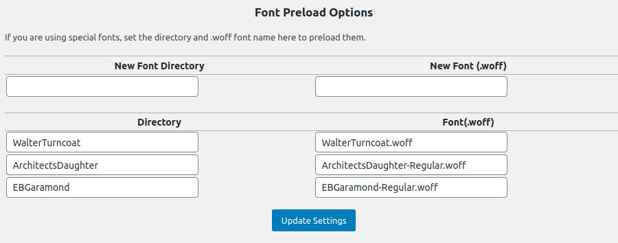 screen shot of font config fields