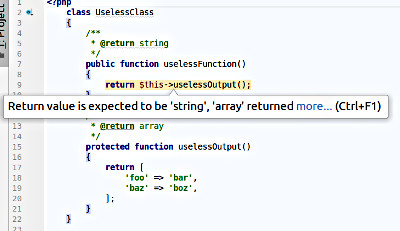 Example of PhpStorm return types by comment